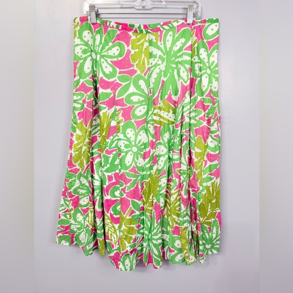 100% Cotton Ruby Rd. Vibrant Green and Pink Floral A-Line Skirt